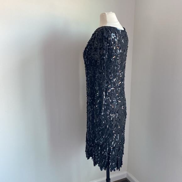 VINTAGE Sequin Dress Womens Sz Small Black Quarter Sleeve Holiday 100% Silk - Picture 4 of 7